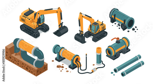 Colorful isometric pottery collection diverse jugs and bowls in earthy tones