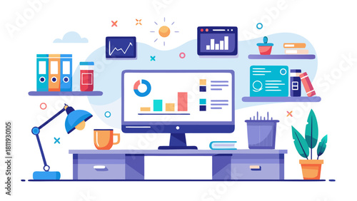 Modern home office setup with data visualization and desk accessories