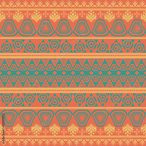 Traditional Thai geometric pattern with warm colors and seamless ethnic ornamental design.