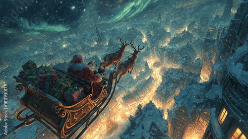 Santa claus in his sleigh pulled by reindeer soaring above a glowing, snow-covered city at night, delivering christmas presents during a magical winter journey