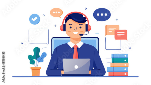 Customer service representative with laptop and chat bubbles