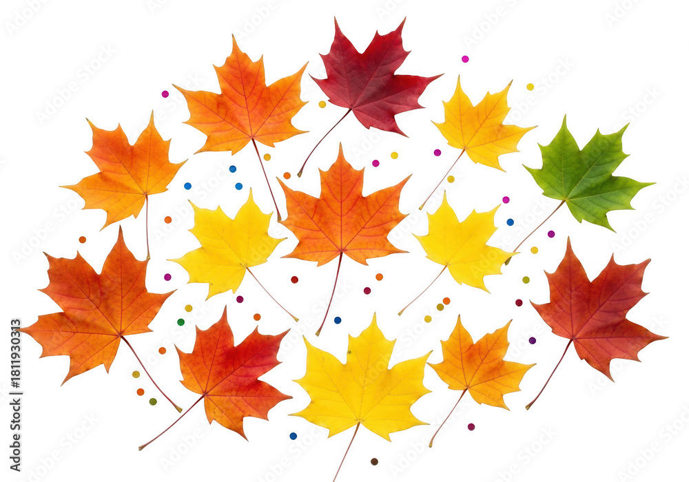 Obraz premium A vibrant collection of colorful maple leaves, showcasing autumns beauty, isolated on transparent background