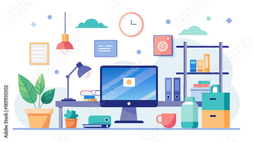 Modern flat design home office workspace illustration