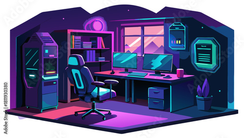 Futuristic gaming room with dual monitors and neon lighting