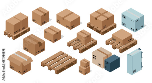 Isometric cardboard box and wooden pallet set for shipping and storage solutions
