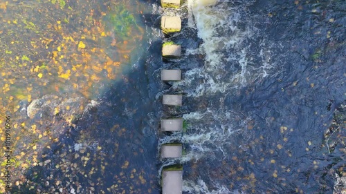 Illas de Gres (Islands of Gres), Stepping Stones At Natural Park On The Ulla River, Lugar Ponte, Boqueixón, A Coruña, Spain. Aerial Topdown Shot