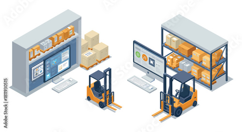 Logistics and warehouse management in isometric style with forklifts and digital displays