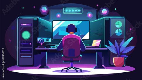 Gamer at a futuristic computer setup in a dark room