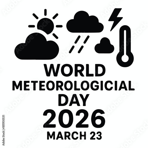 World Meteorological Day 2026 Poster with Weather Icons in Black and White