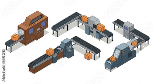 Modern isometric conveyor system with automated packaging machines and boxes