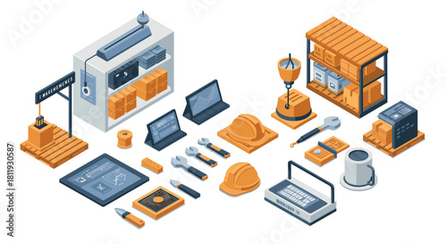 Isometric workshop tools and equipment in modern industrial setting