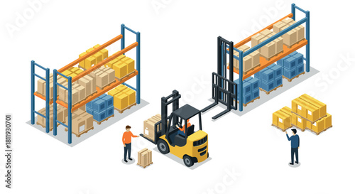 Warehouse logistics with forklift and workers in isometric design