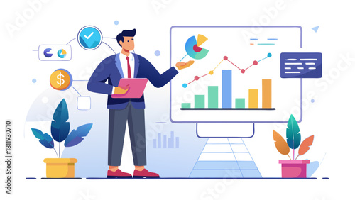 Business professional presenting financial growth data and charts