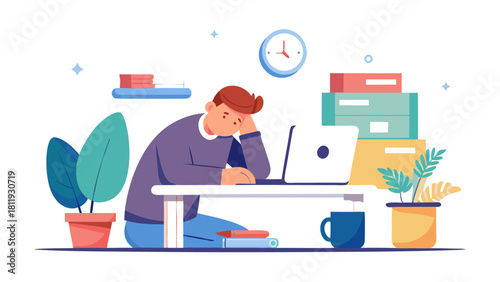 Overwhelmed person working on laptop at desk