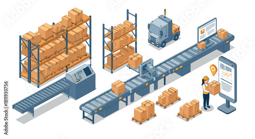 Isometric warehouse automation with conveyor belts and boxes
