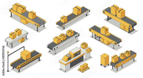 Isometric conveyor belt systems with cardboard boxes on white background