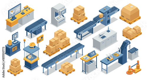 Modern isometric warehouse automation and conveyor systems with packaging solutions