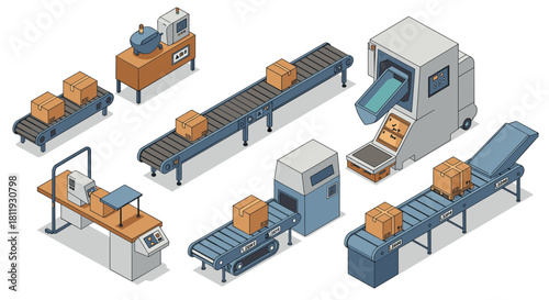 Isometric conveyor belt system with automated packaging machines