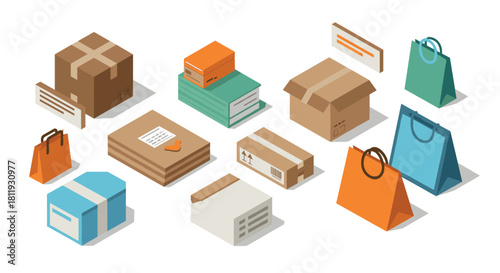 Isometric packaging collection boxes, books, and shopping bags in modern design