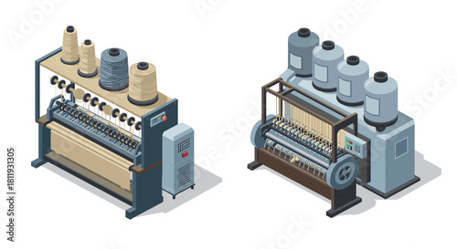 Isometric yarn production machines with spools and industrial equipment