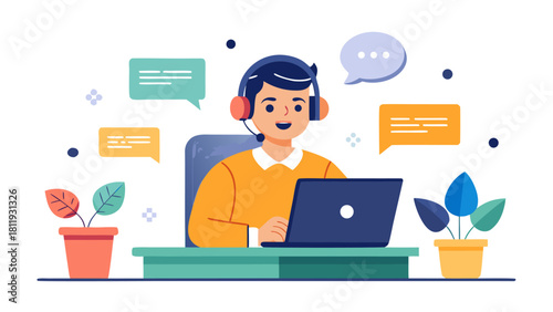 Customer service agent with headset and laptop communicating with clients