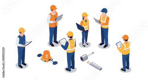 Construction team with hard hats and tools in isometric design
