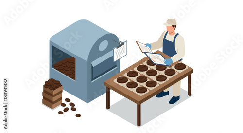 Isometric bakery scene with baker preparing fresh bagels near oven
