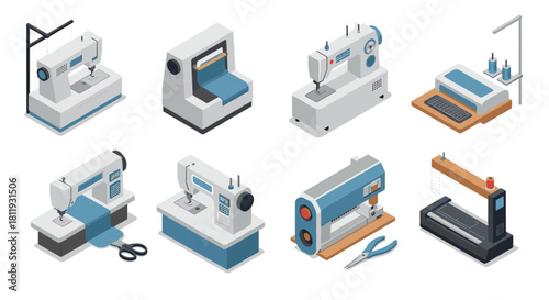 Set of isometric sewing machines and tools for textile industry