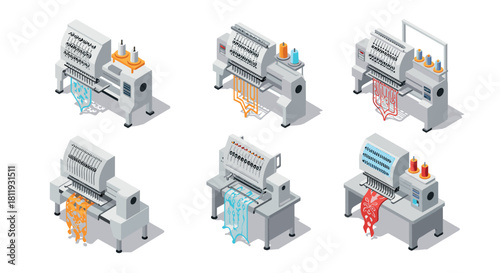Modern embroidery machines set in isometric style for textile manufacturing design