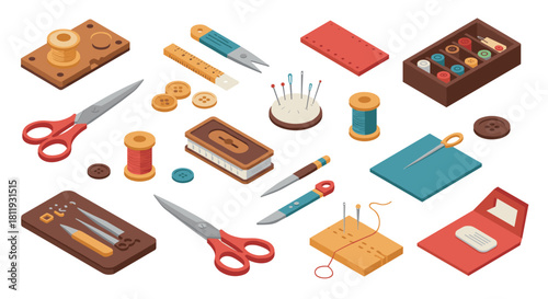 Sewing tools isometric design with scissors, needles, and thread spools