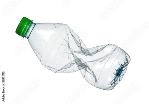 A crumpled plastic water bottle with a green cap, isolated on a transparent background, representing waste and recycling