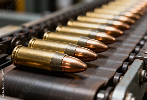 A row of large caliber rifle ammunition cartridges moves along an industrial conveyor belt during manufacturing.