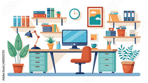 Cozy home office setup with desk bookshelves and plants