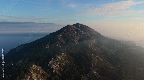 Monte Louro Rock Mountains At Sunrise In A Coruña, Galicia, Spain. Aerial Shot