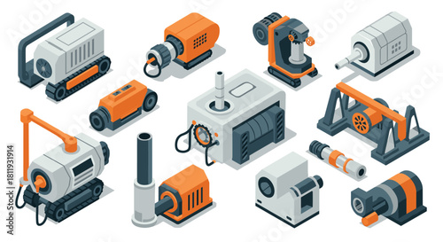 Isometric industrial machines and equipment set featuring modern engineering designs