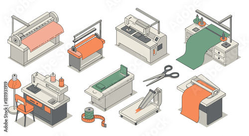 Industrial sewing equipment set featuring isometric machines and tools for textile production