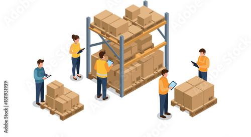 Isometric warehouse management with workers and cardboard boxes