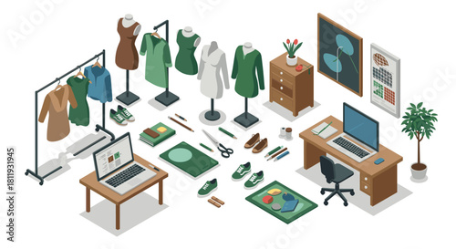 Isometric fashion design studio with office area and clothing display