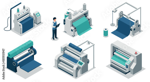 Isometric industrial printing machines with worker in blue on white background