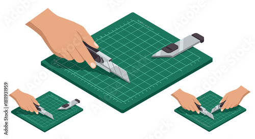 Isometric utility knife and green cutting mat set for craft and diy projects