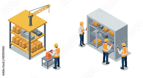 Warehouse workers using technology for inventory management in modern industrial setting