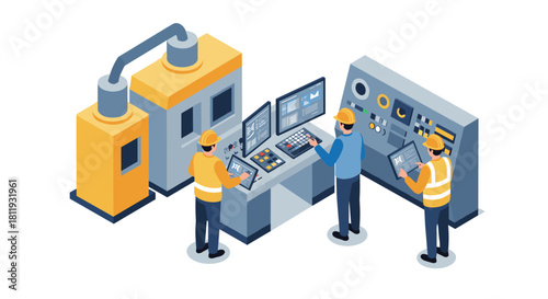 Isometric factory automation: engineers at control panels in modern industrial setting