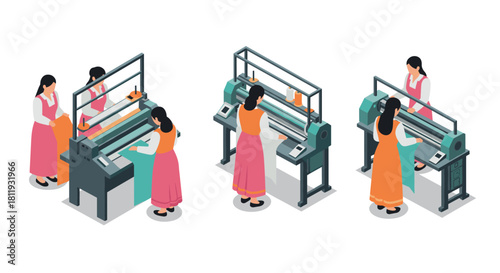 Women operating industrial sewing machines in isometric style