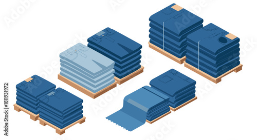 Isometric denim pallets displaying folded blue jeans for retail and wholesale concepts