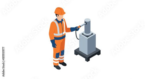 Isometric worker operating machine in safety gear