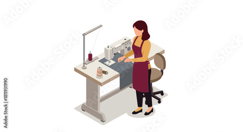 Woman sewing on machine in modern workshop isometric design