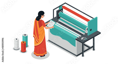 Woman in sari operating a modern textile machine in isometric style