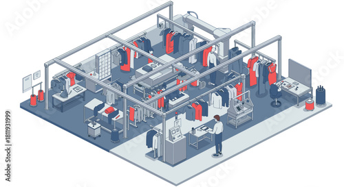 Modern isometric clothing store interior with garment racks and cashier station