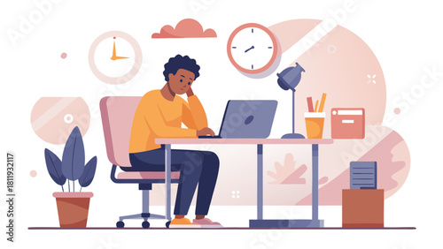 Man working at desk with laptop and clock