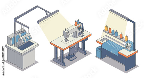 Isometric sewing machines: modern industrial design with various equipment types